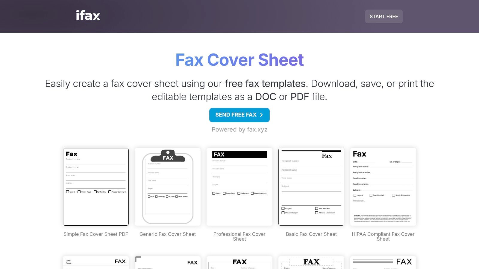 A grid of diverse fax cover sheet templates from the iFax website, showing a variety of layouts from simple to professional.