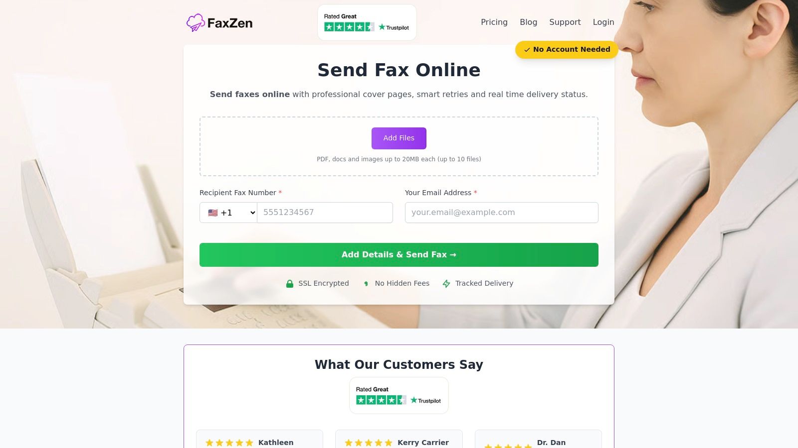 A person using a laptop to send a fax online with FaxZen's service