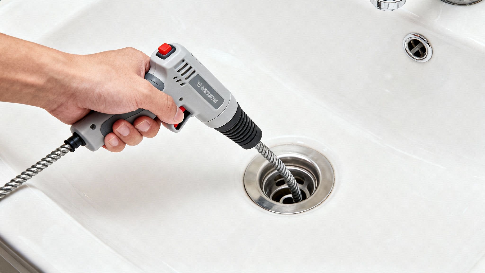 A person using a handheld drain snake to clear a clog in a bathroom sink drain pipe.