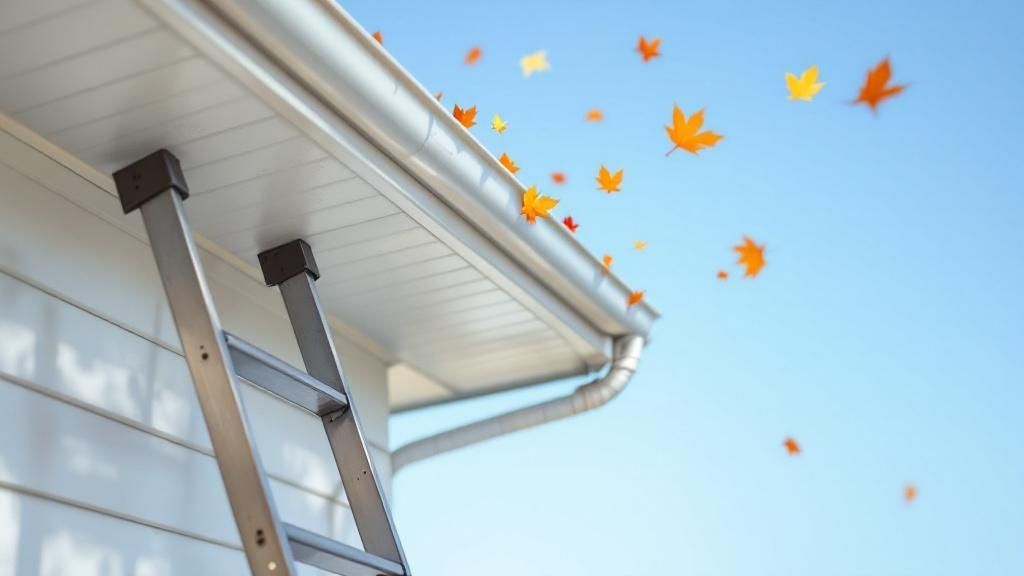 A person on a ladder cleaning leaves and debris out of a home's gutter system.