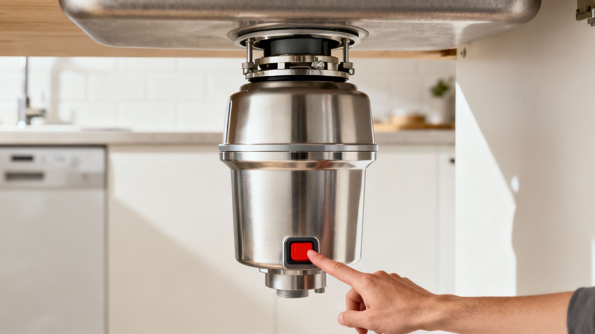 A person's hand pressing the red red reset button on the bottom of a garbage disposal unit under a kitchen sink.