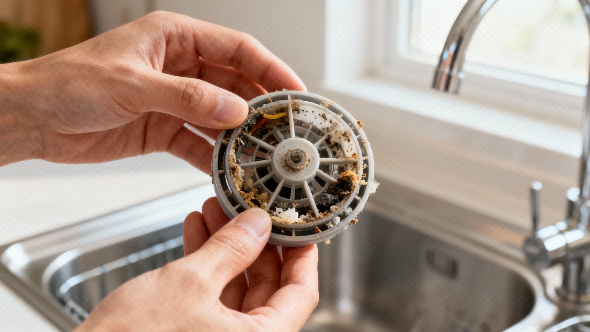A person's hand removing a dishwasher filter for cleaning.