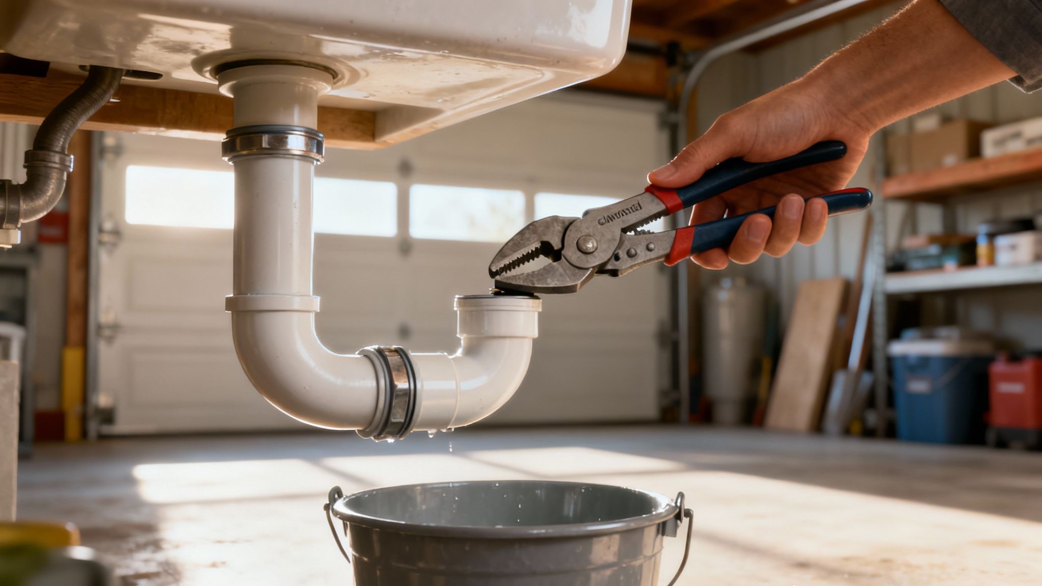 A person's hands using pliers to loosen the slip nut on a P-trap under a bathroom sink, with a bucket positioned below to catch water.