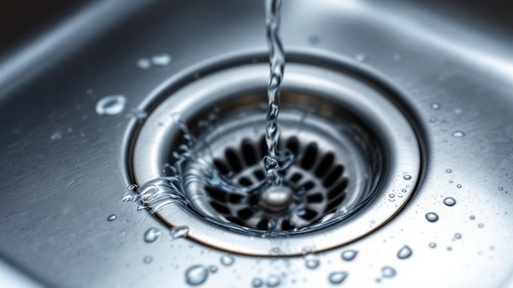A person's hands attempting to unclog a kitchen sink filled with dirty water.