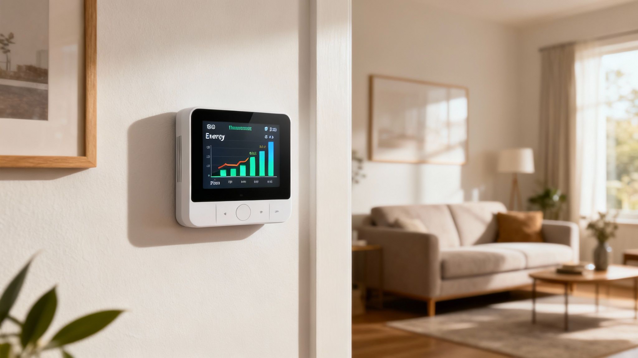 A hand adjusting a smart thermostat mounted on a wall.