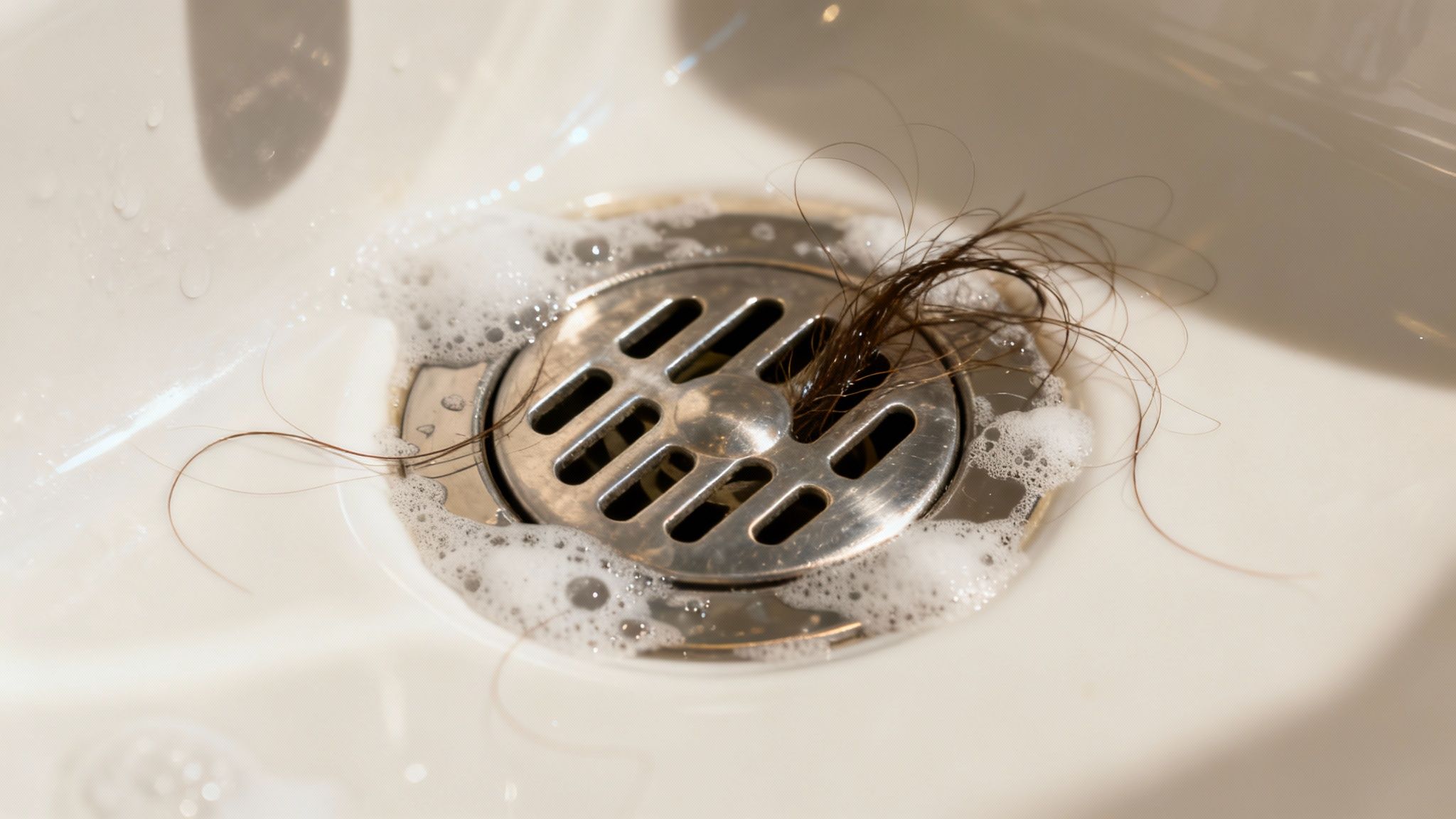 A close-up of a clogged bathtub drain with water pooling around it.