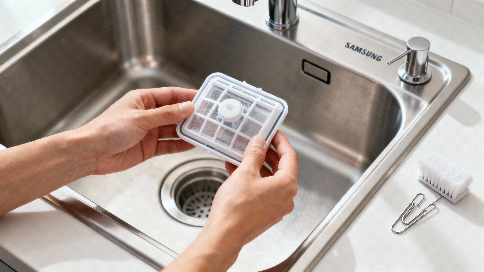 A modern Samsung refrigerator and dishwasher in a clean, stylish kitchen.