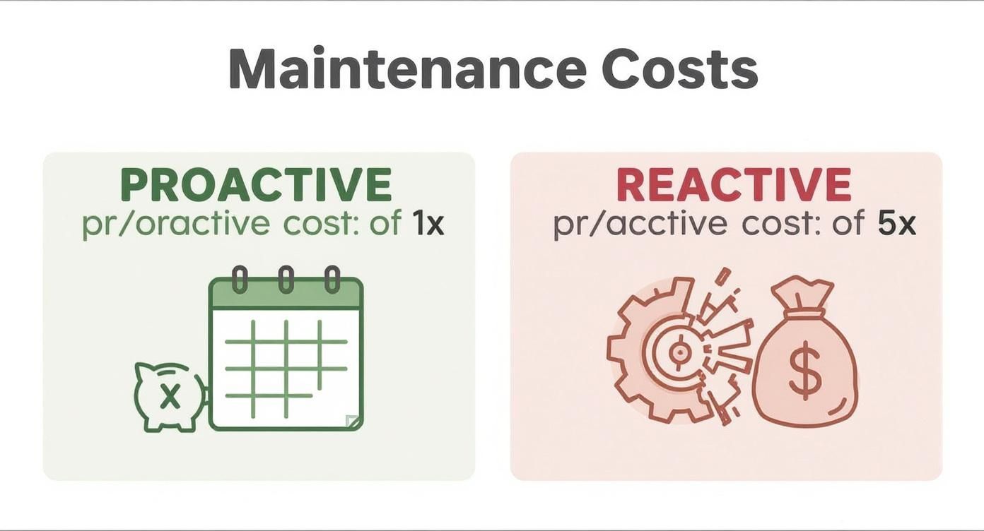 An infographic showing that proactive maintenance costs one-fifth the amount of reactive, emergency repairs.