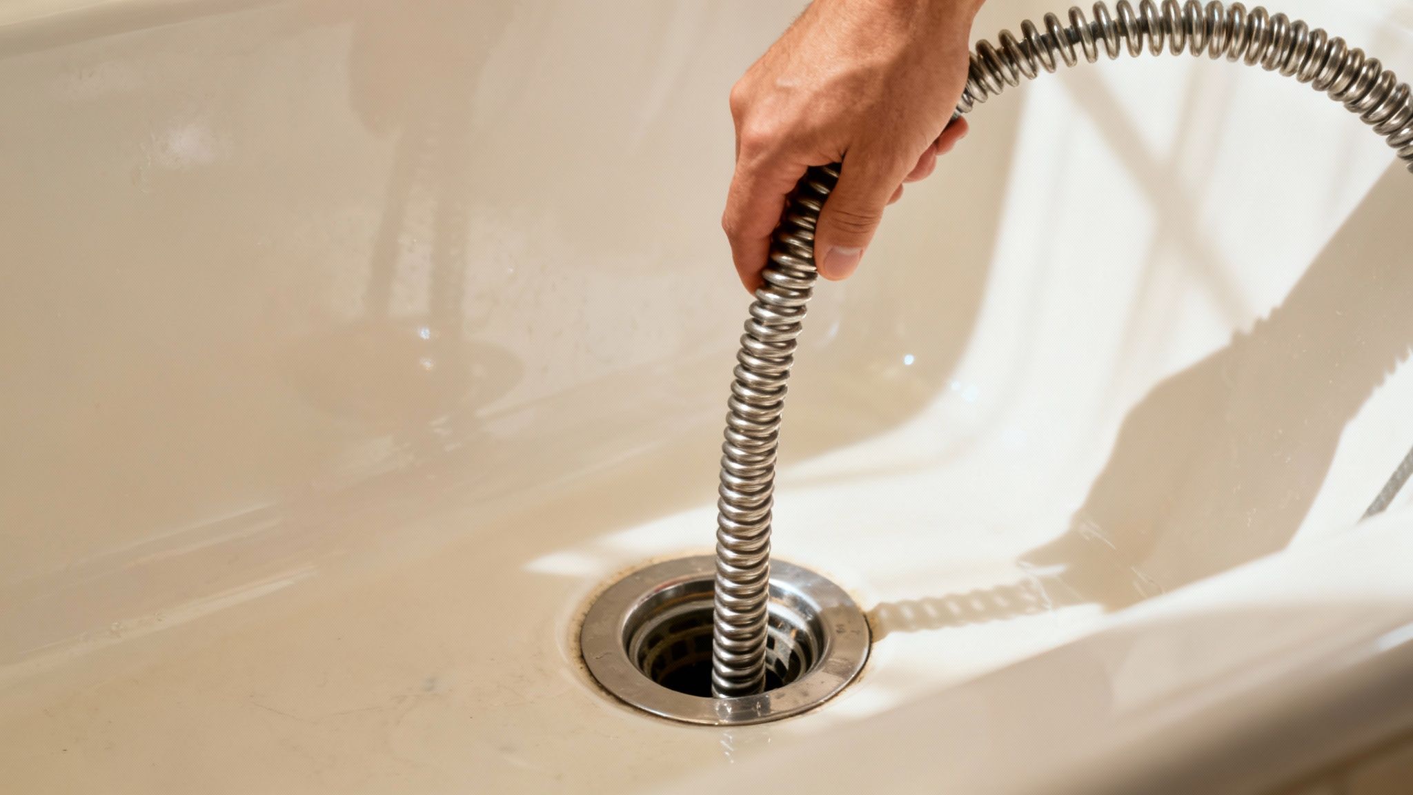 A person using a drain snake to unclog a bathtub drain.