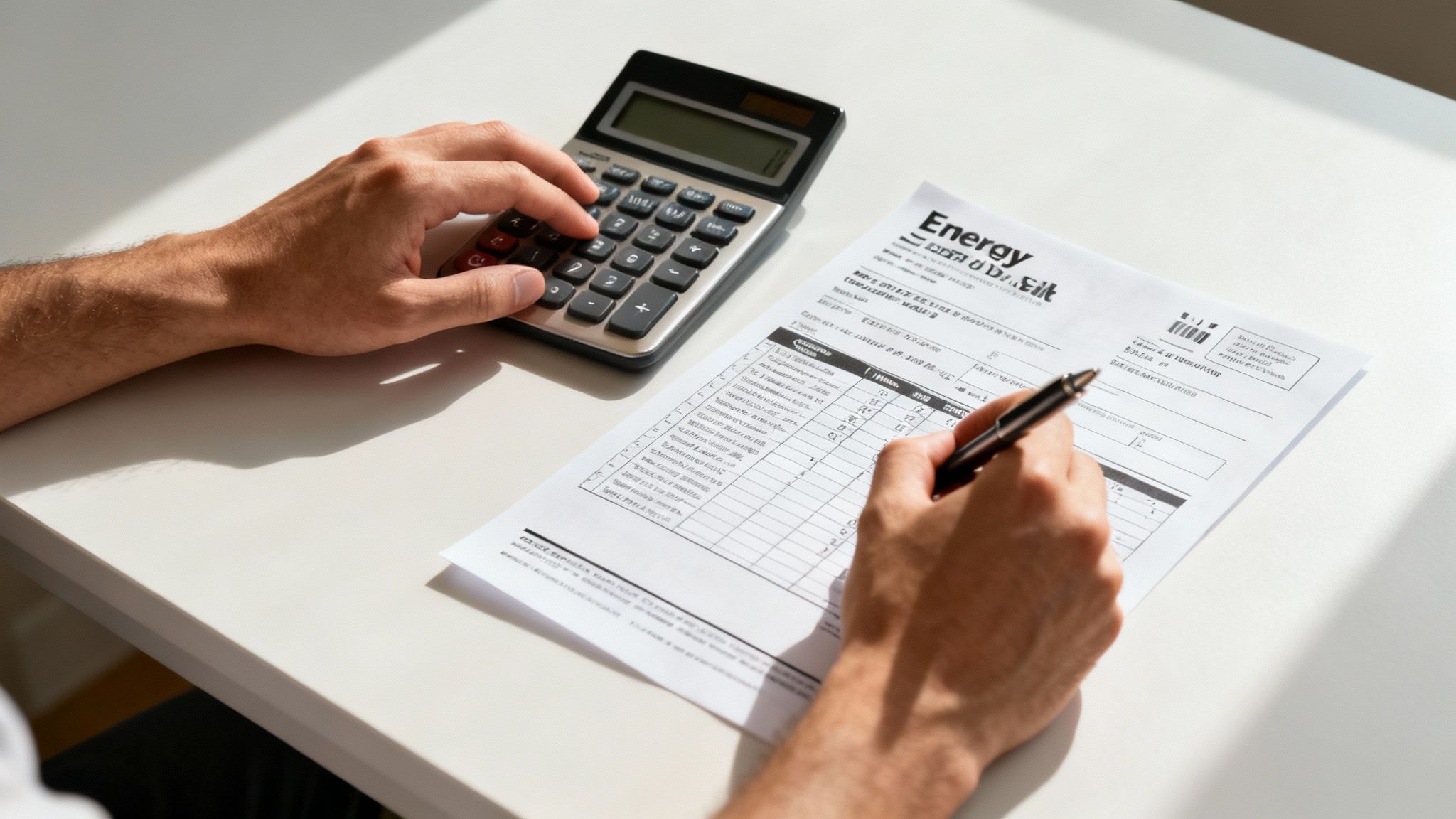A person using a calculator to check their electricity bill.