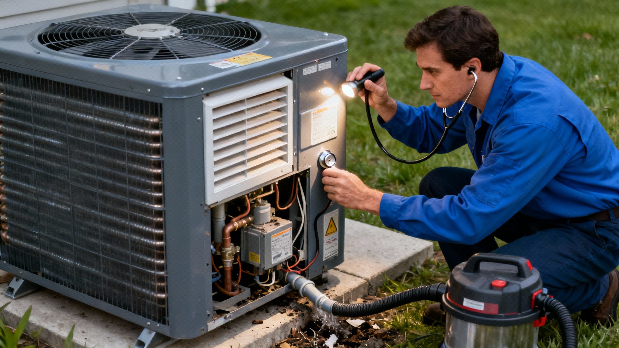 A person inspecting their HVAC system with a flashlight.