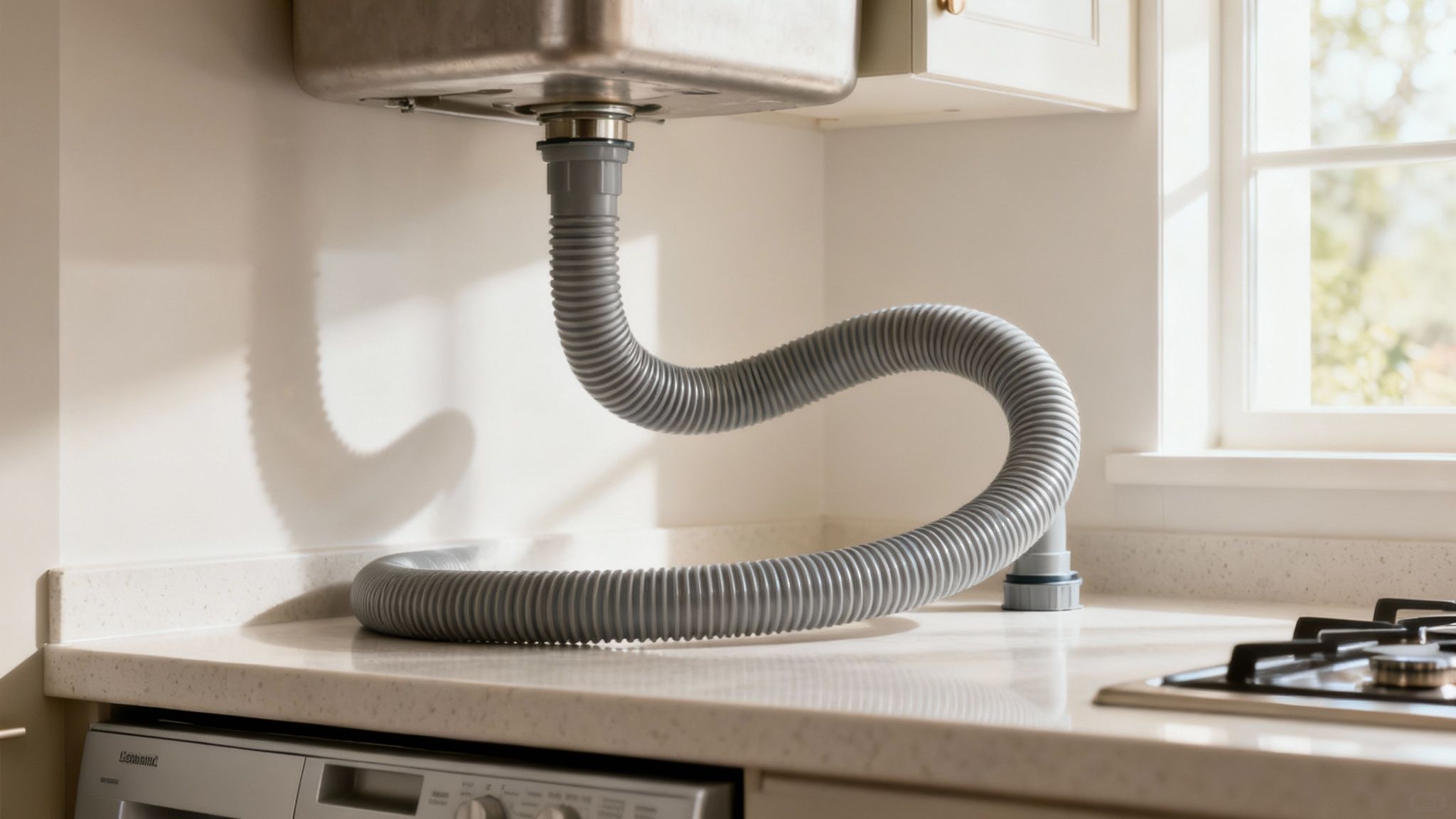 A close-up view of the plumbing under a kitchen sink, highlighting the connection between the dishwasher drain hose and the garbage disposal.