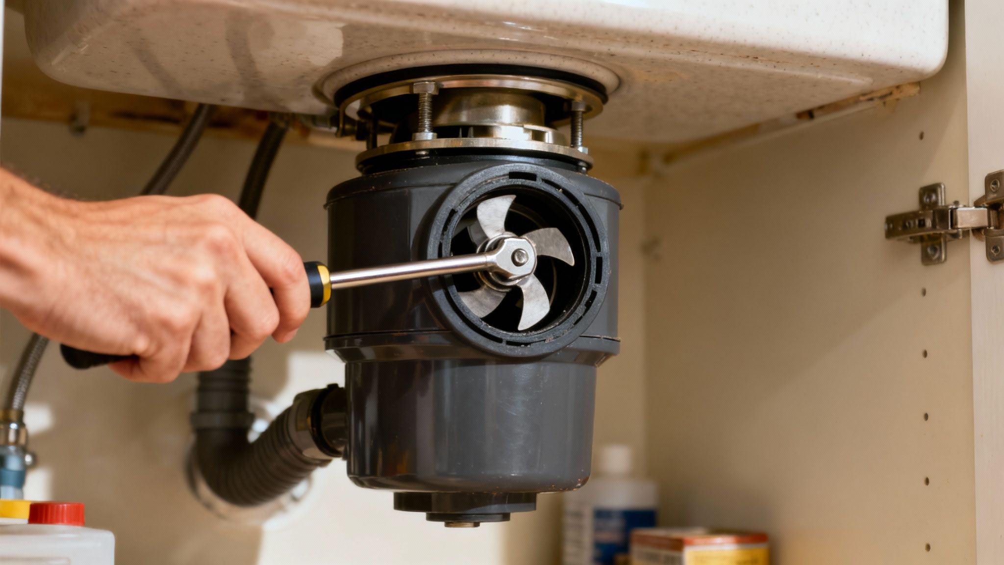 An Allen wrench being inserted into the bottom of a garbage disposal to manually turn the blades.