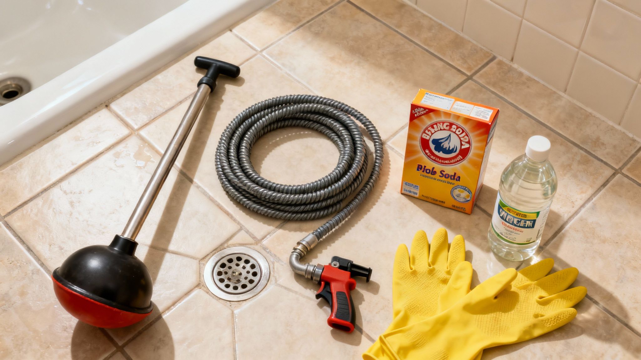 A collection of drain cleaning tools including a plunger, a drain snake, and a bottle of vinegar next to a box of baking soda.