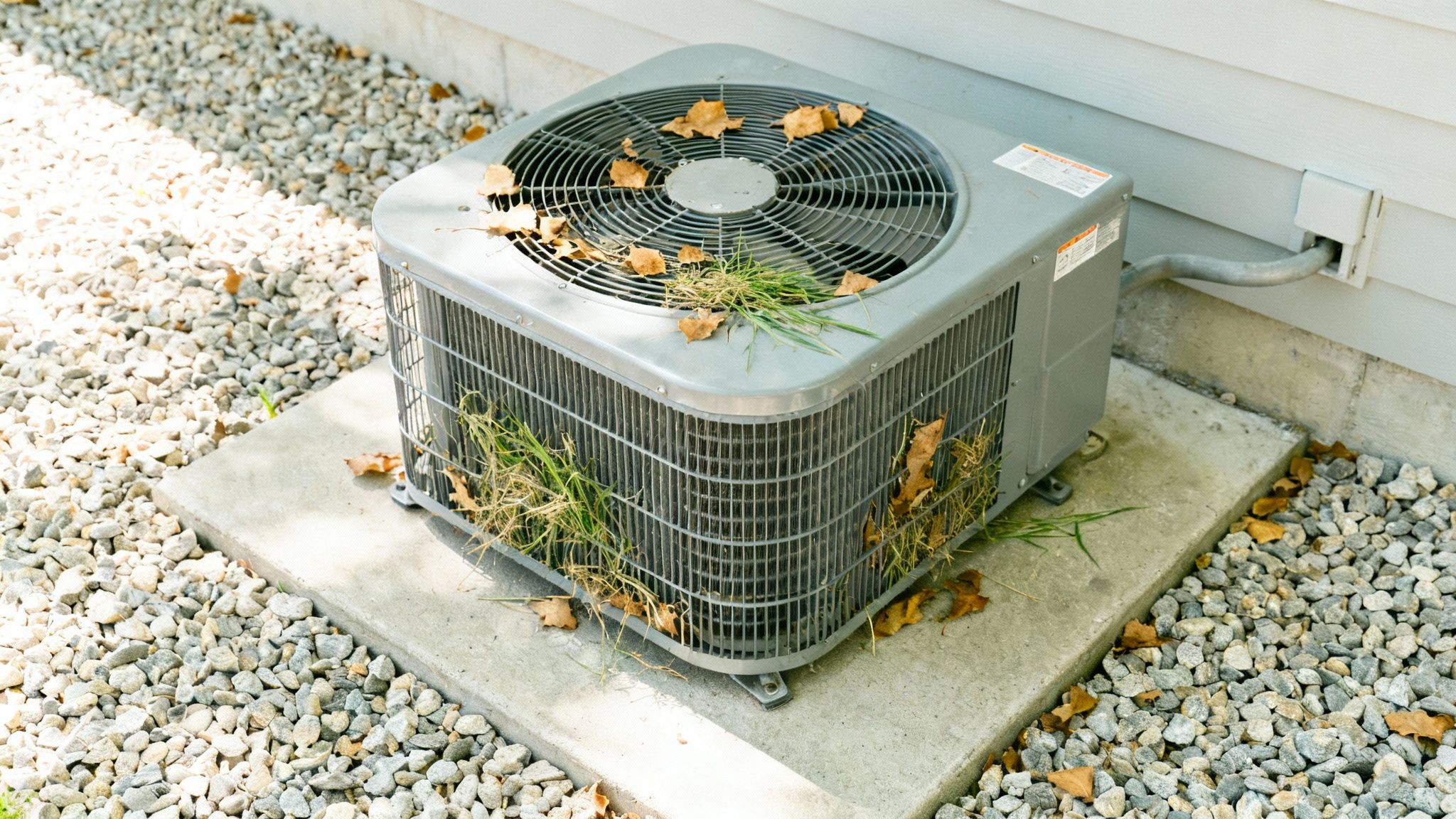 A person cleaning the fins of an outdoor AC condenser unit with a soft brush