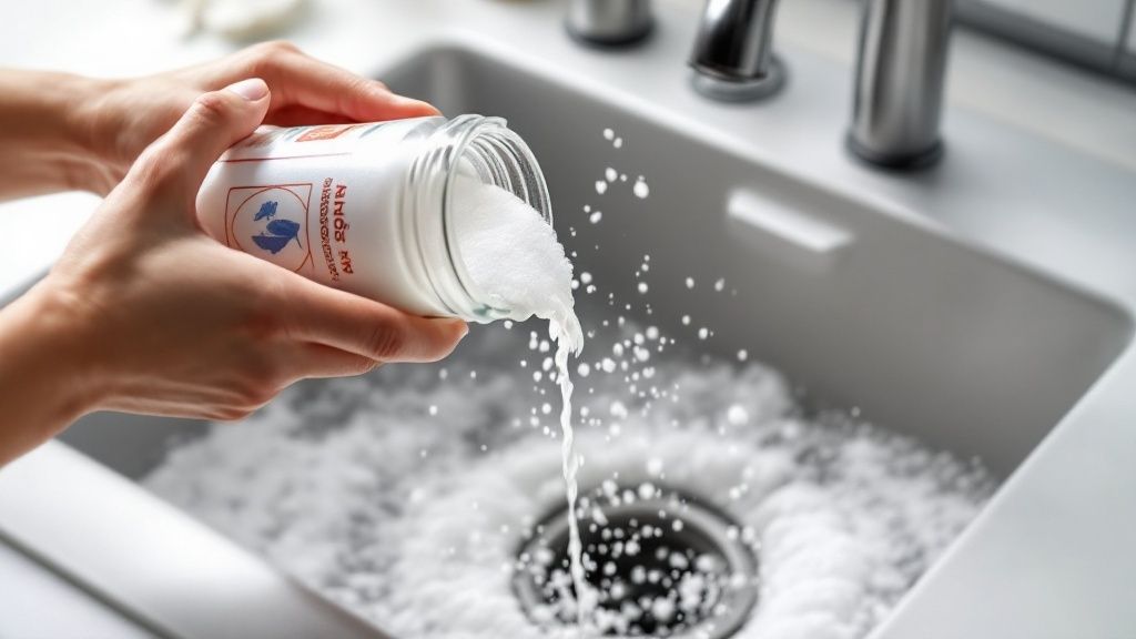Pouring hot water from a kettle into a kitchen sink to clear a clog.