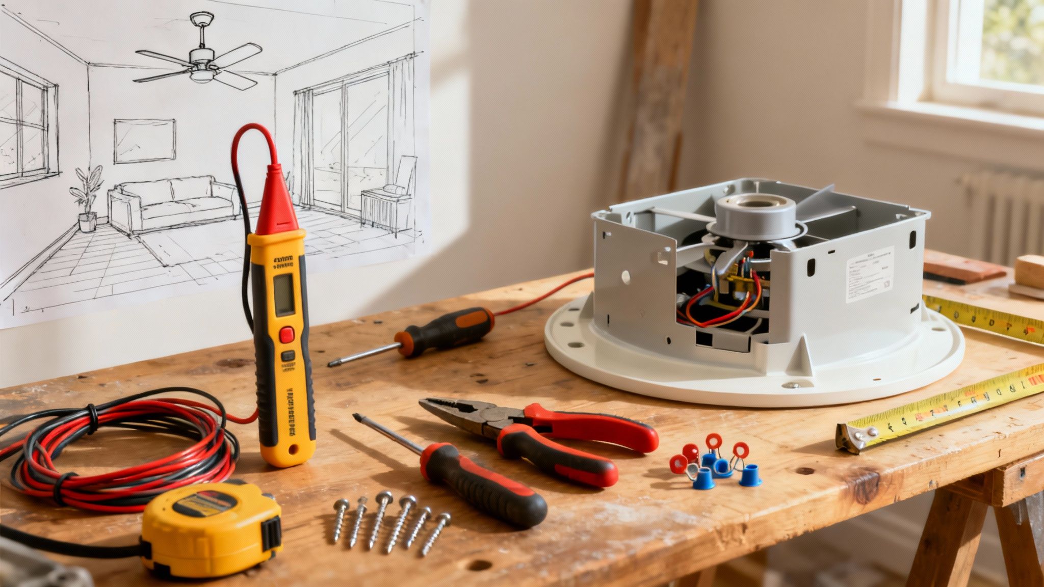 A collection of tools needed for installing a ceiling fan, laid out neatly on a wooden surface.