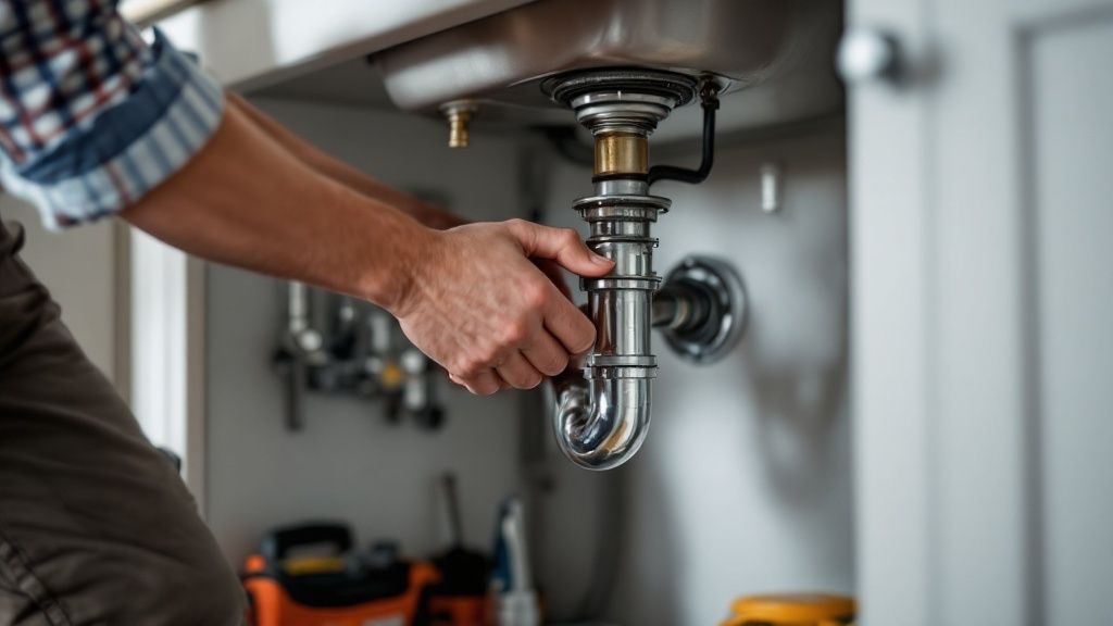 A person wearing yellow protective gloves carefully pours a chemical drain cleaner into a clogged kitchen sink.