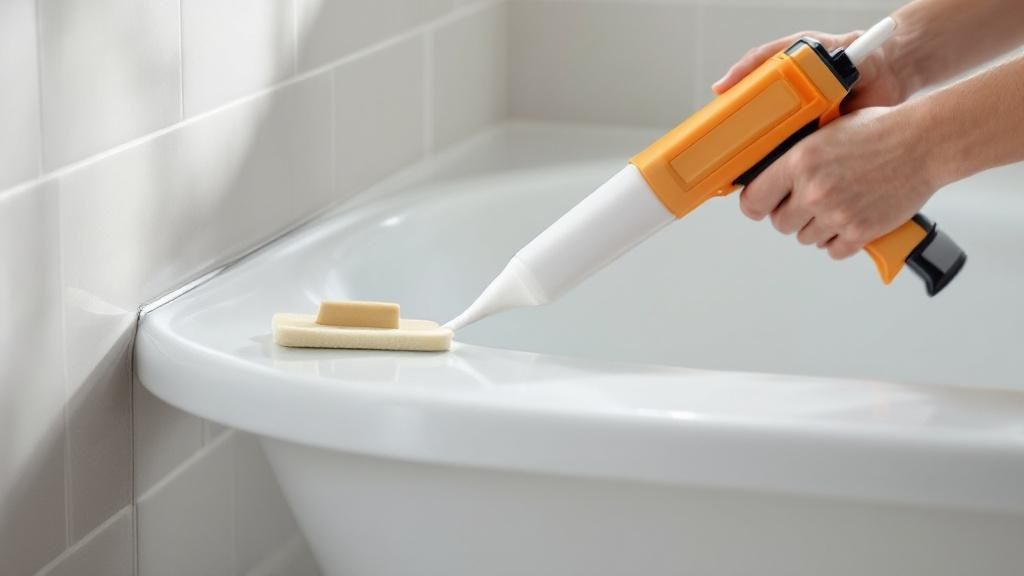 A person applying a new bead of white caulk around a window frame.