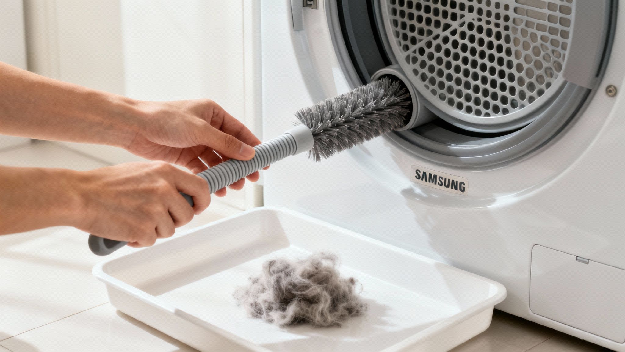 A sleek, modern Samsung washer and dryer set in a clean laundry room.