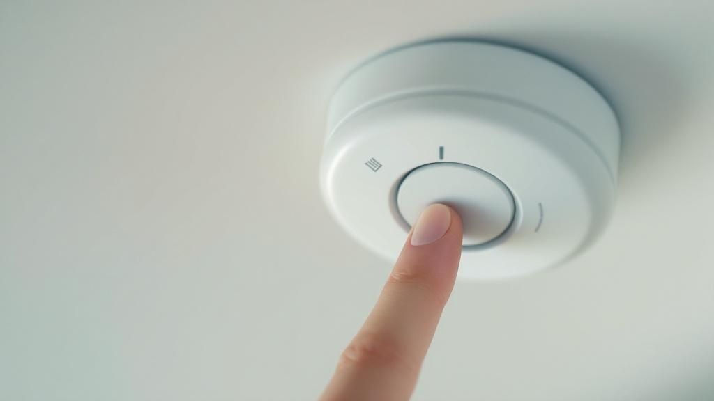 A person pressing the test button on a ceiling-mounted smoke and carbon monoxide detector.