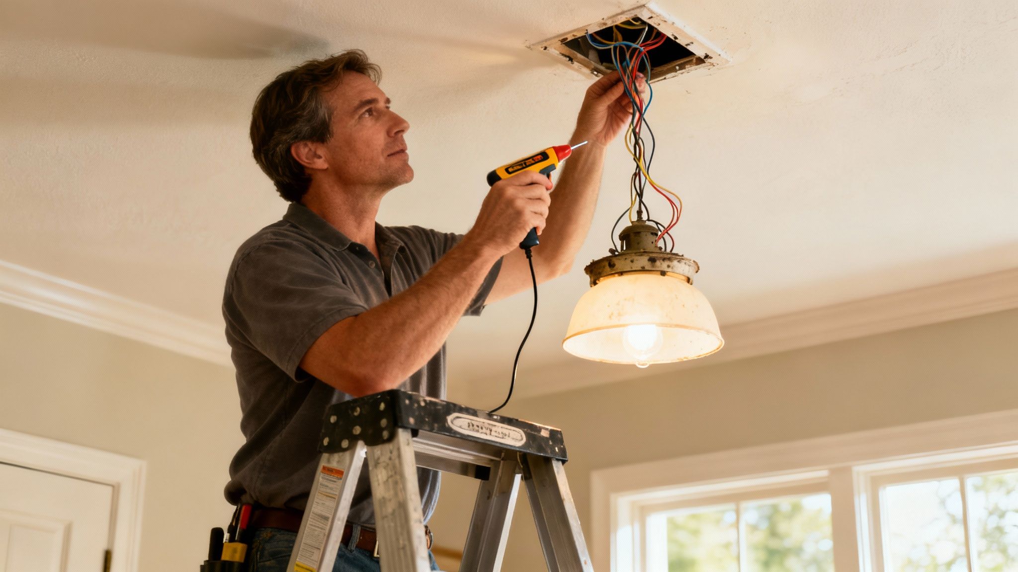 An electrician safely removing an old light fixture from a ceiling.