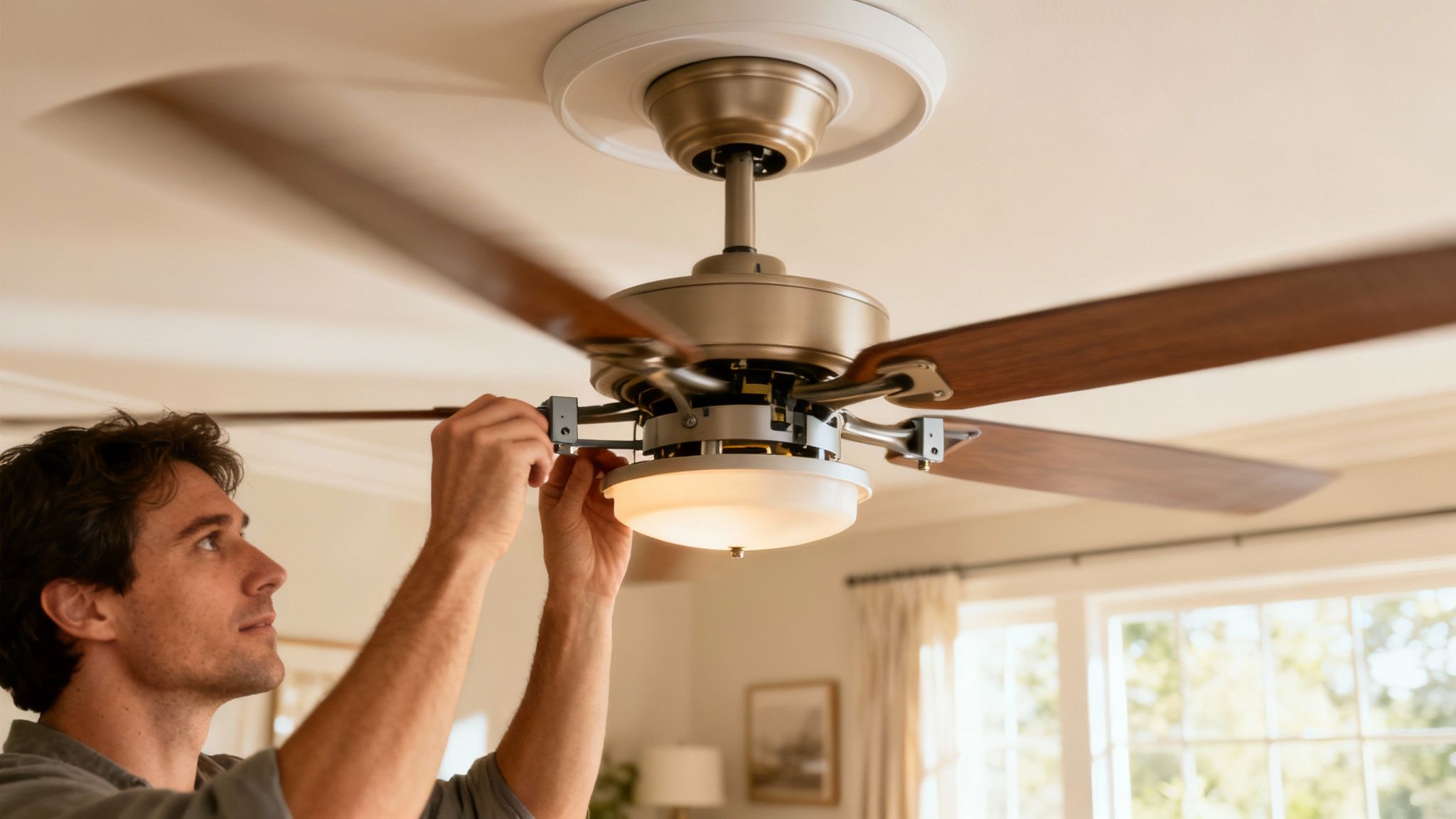 A newly installed, modern ceiling fan with a light, shown against a clean, white ceiling.