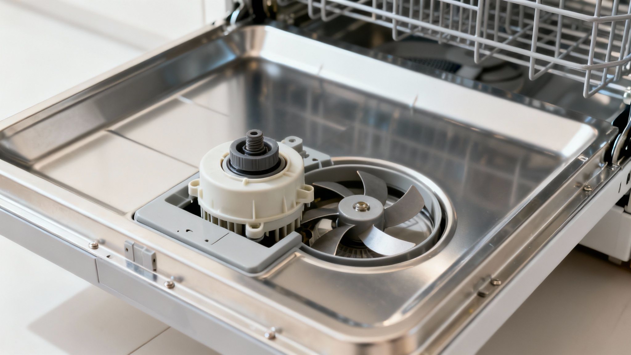A close-up of a dishwasher's drain pump with parts visible.