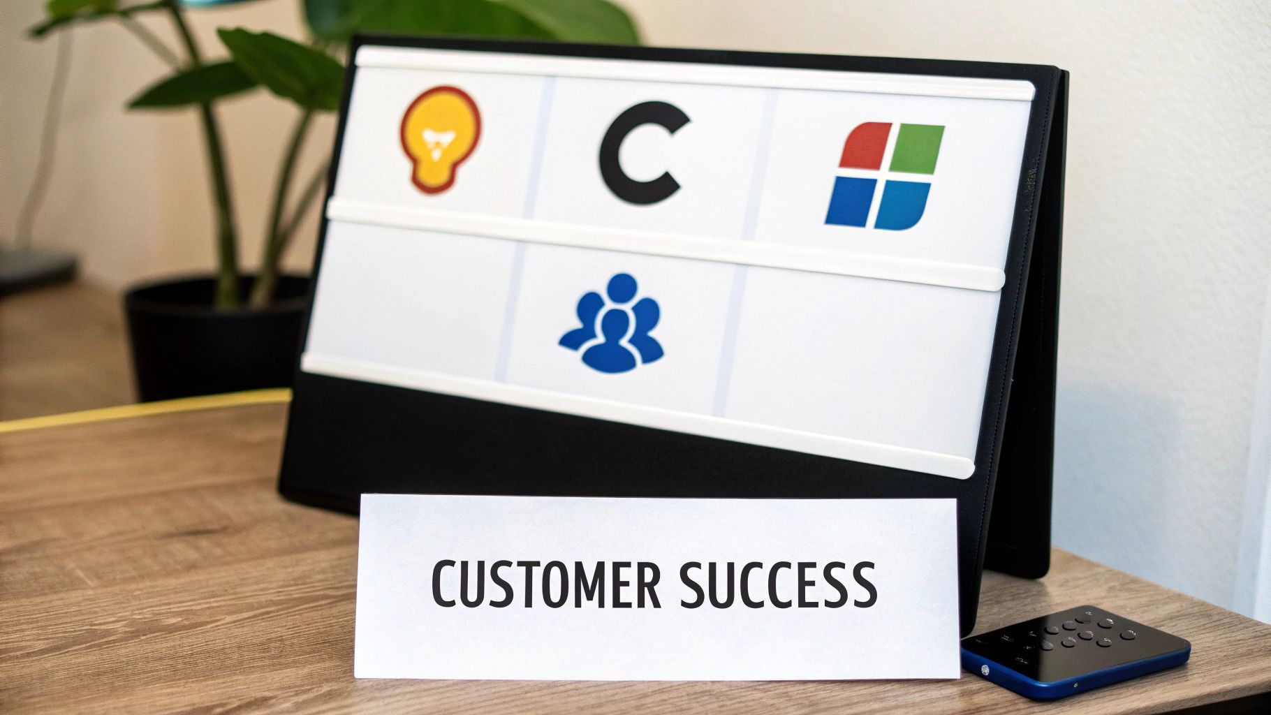 A lightbox displays icons for ideas, C, Microsoft, and a team, with 'CUSTOMER SUCCESS' text.