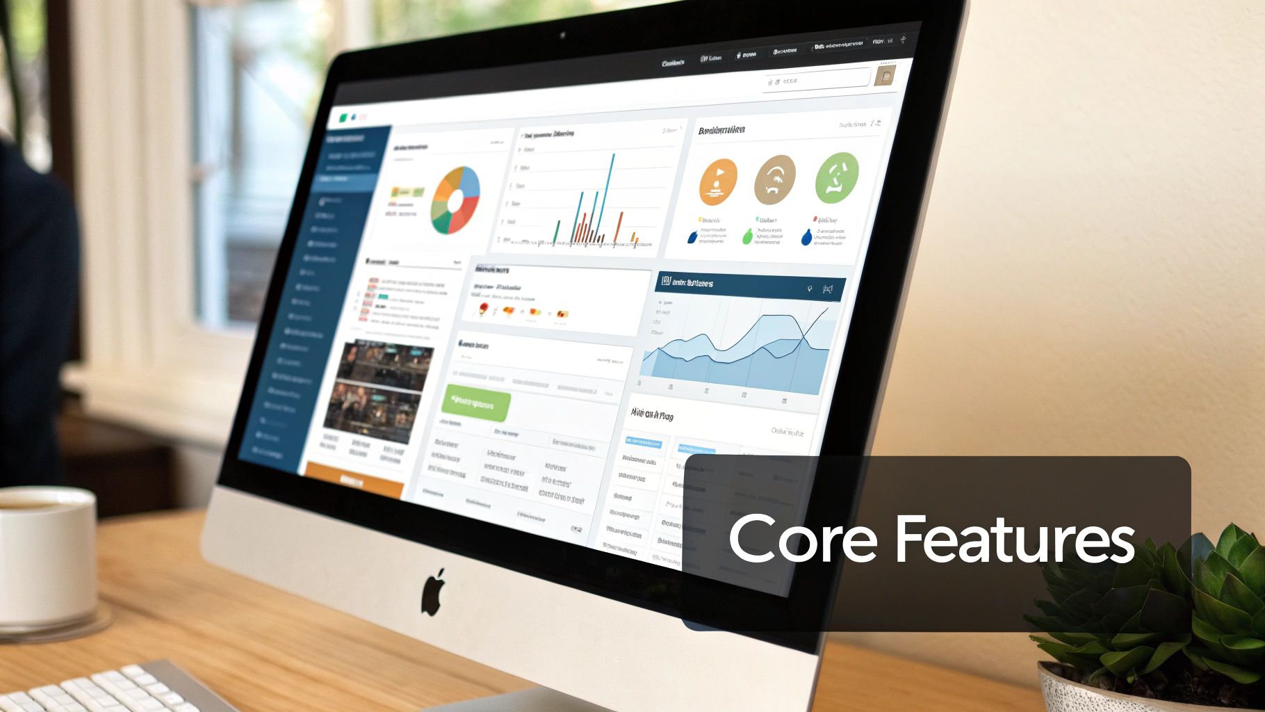 A close-up of an iMac screen displaying a digital sales room dashboard with various graphs and data.