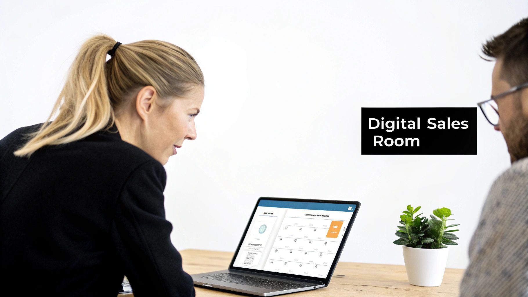 Two professionals collaborate, viewing a laptop screen displaying a digital sales room software interface.