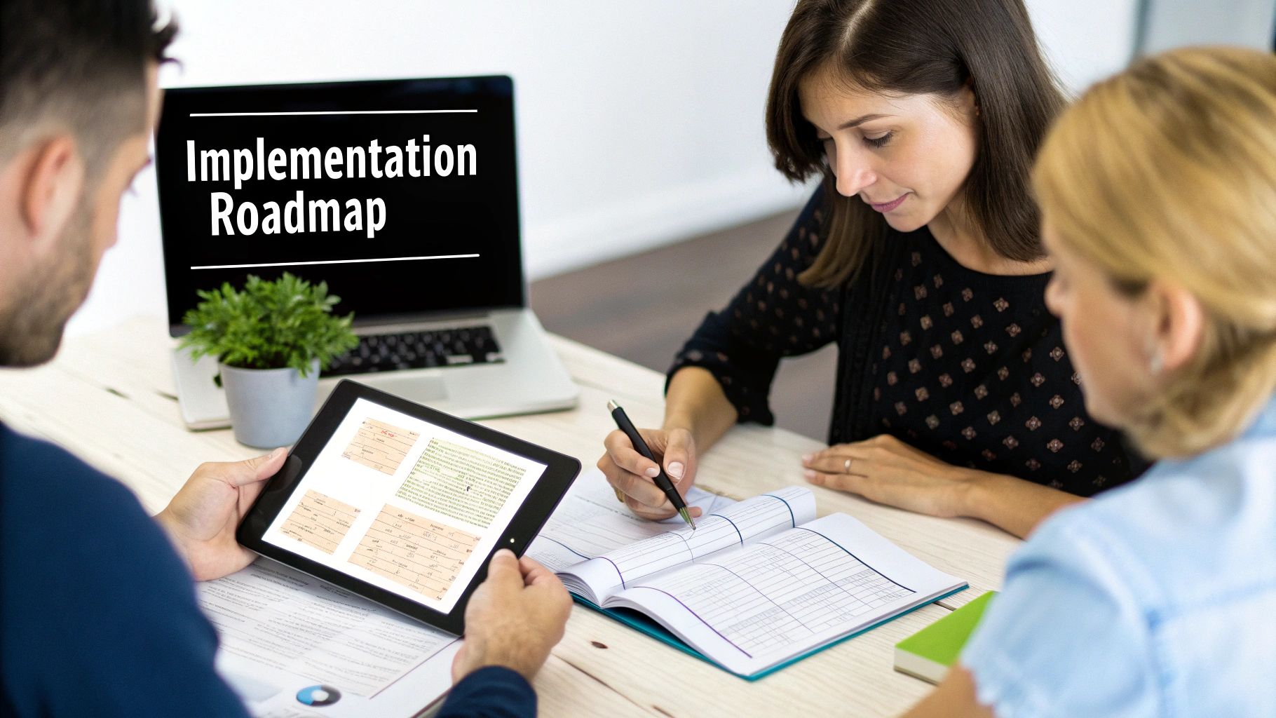 Three professionals collaborating around a table, discussing an implementation roadmap displayed on a laptop screen.