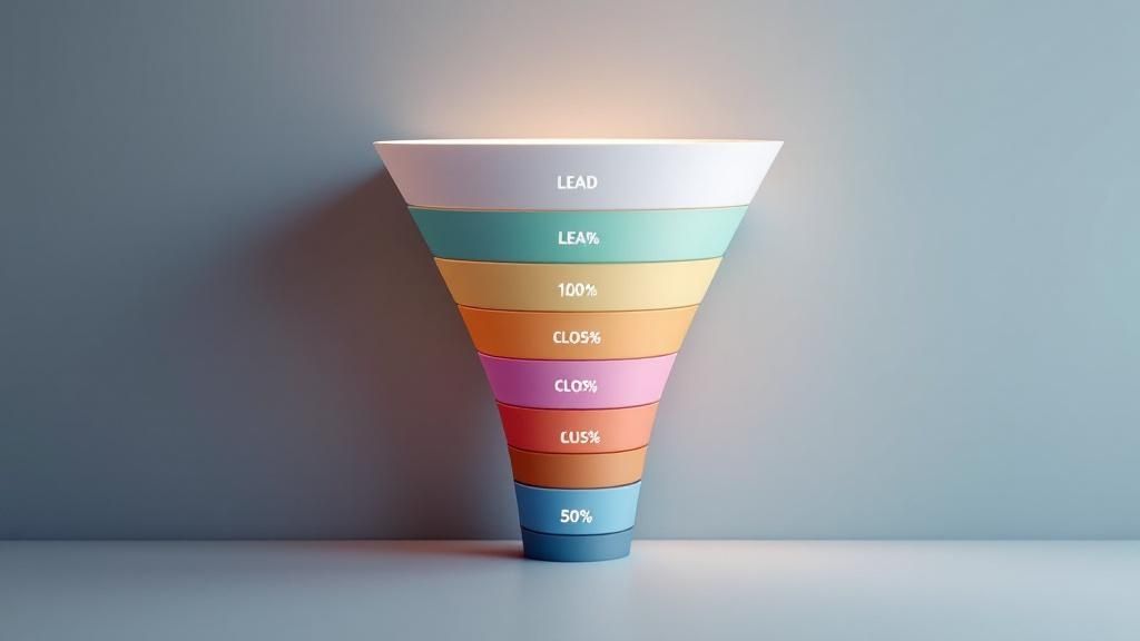 An illustrative chart showing a sales pipeline with stages like "Prospecting," "Qualification," "Proposal," and "Closing," each with an associated probability percentage.