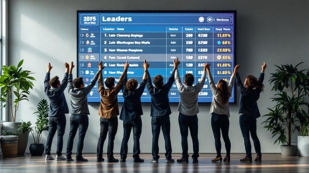 A team looking at a dynamic, colorful leaderboard on a screen with excitement.