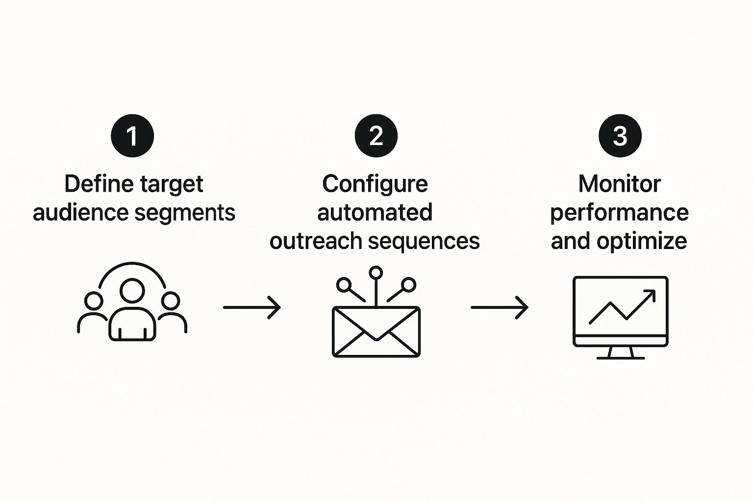 Infographic about sales outreach automation implementation showing a three-step process: Define, Configure, and Monitor.