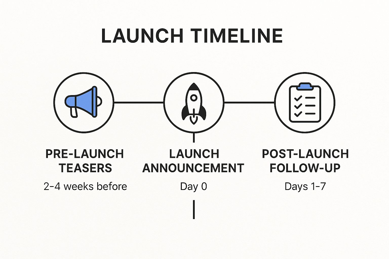 A timeline infographic illustrating the three key phases of a product launch email sequence: Pre-Launch Teasers, Launch Announcement, and Post-Launch Follow-Up.