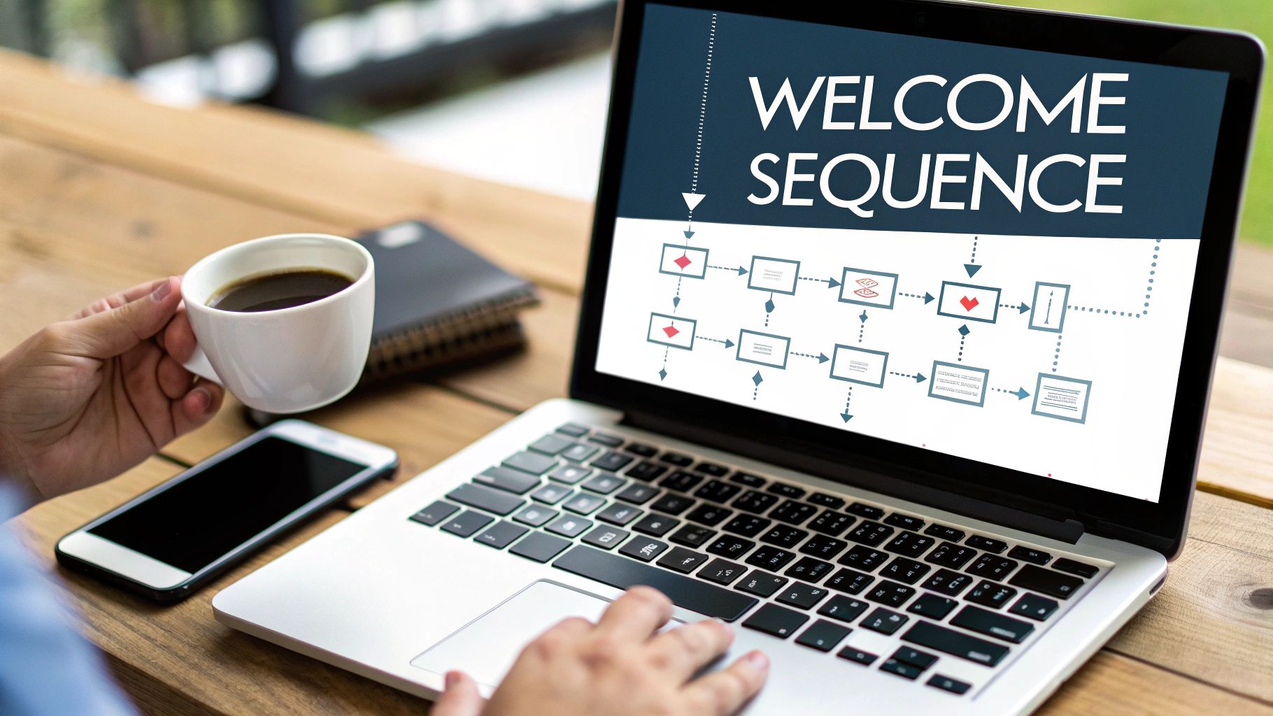 Person working on a laptop displaying an email welcome sequence flowchart, with coffee and a smartphone.