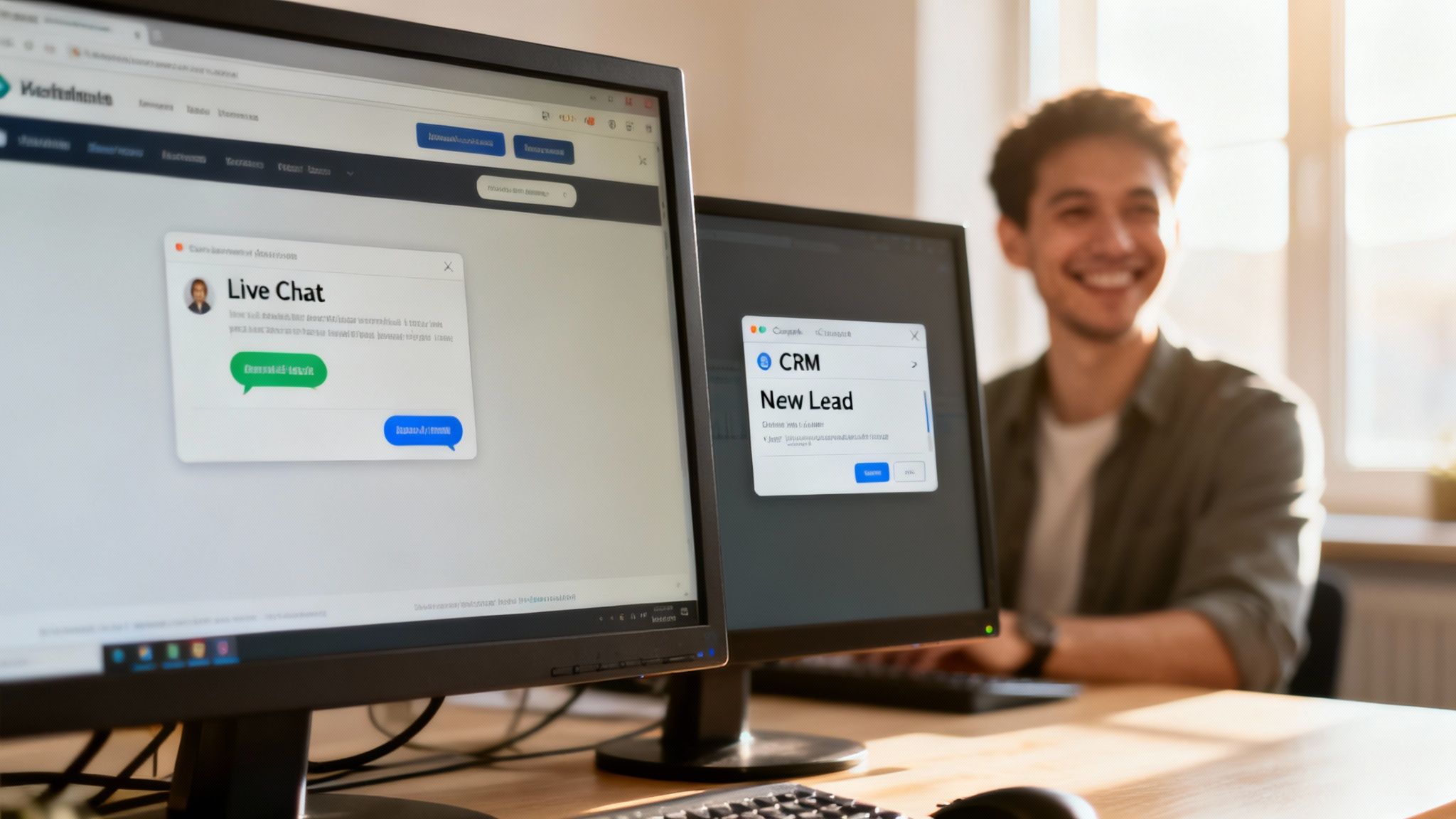Small Business Lead Generation: A Proven Playbook For Rapid Growth 2 A man smiles while working on computers displaying live chat and CRM new lead notifications.