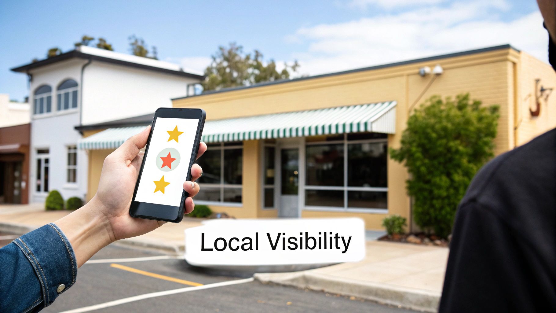 A hand holds a smartphone showing a rating app with stars in front of local businesses and "Local Visibility" text.