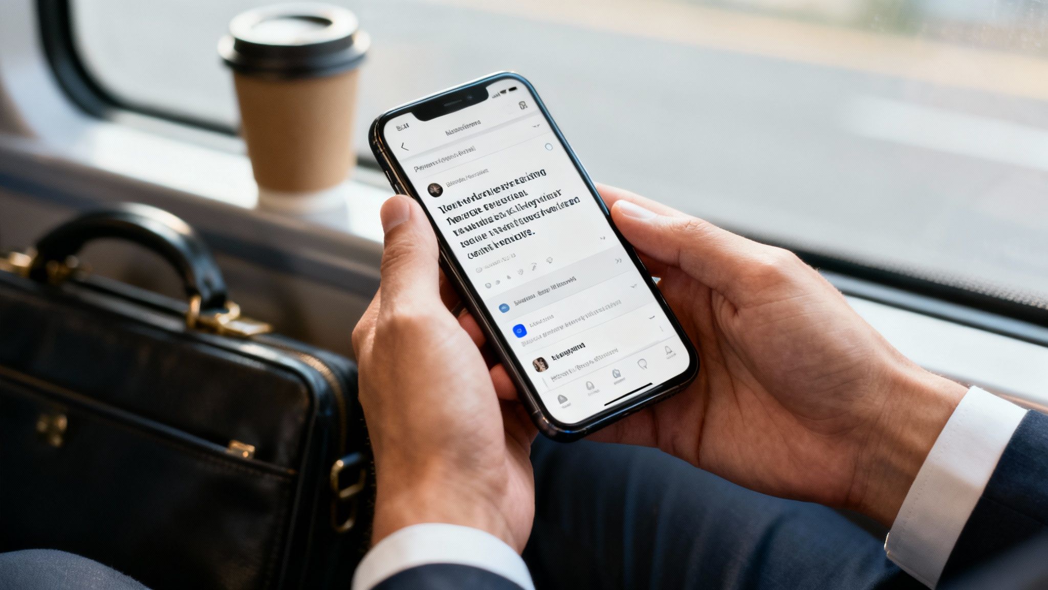 A person holds a smartphone, scrolling through content while commuting on a train, with a coffee and briefcase.