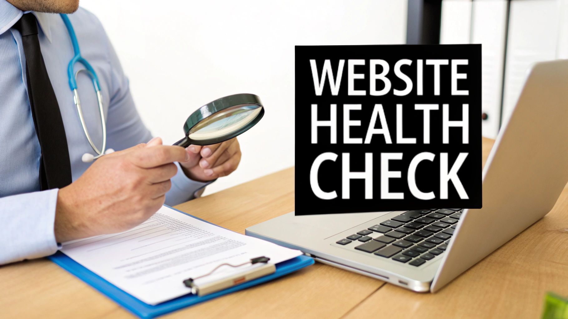 What Is A Website Audit And How It Drives Growth 1 A doctor in a blue shirt examines documents with a magnifying glass next to a laptop displaying 'WEBSITE HEALTH CHECK'.