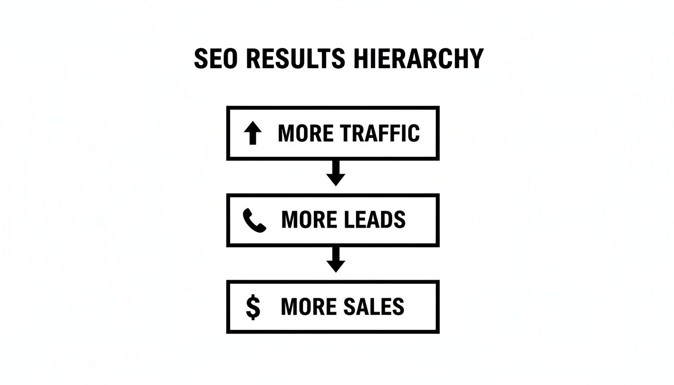 SEO results hierarchy diagram illustrates traffic leading to leads and ultimately more sales.