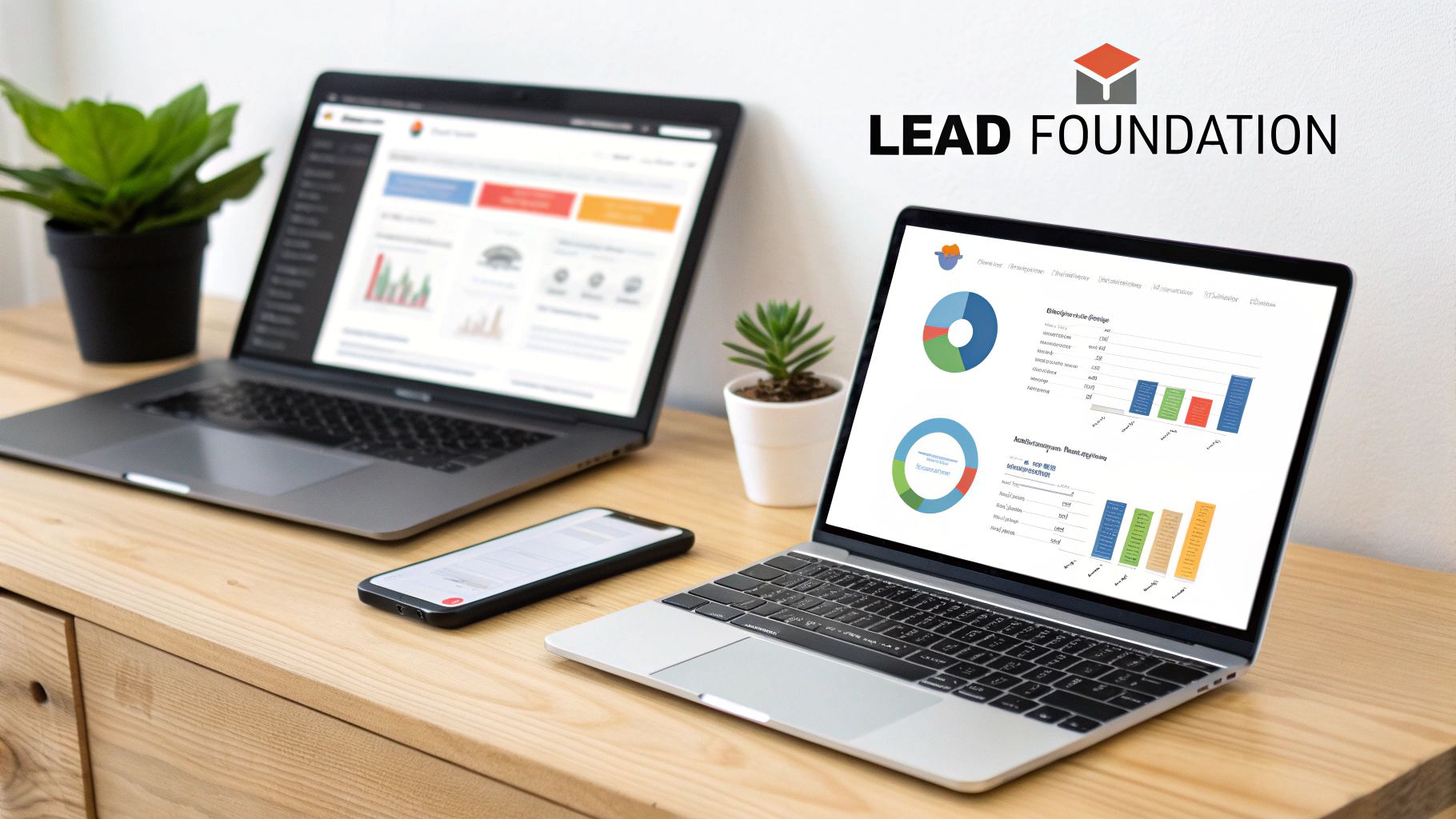 How To Generate More Leads For Your Business 1 Two laptops and a smartphone on a desk, displaying analytics and charts for Lead Foundation.