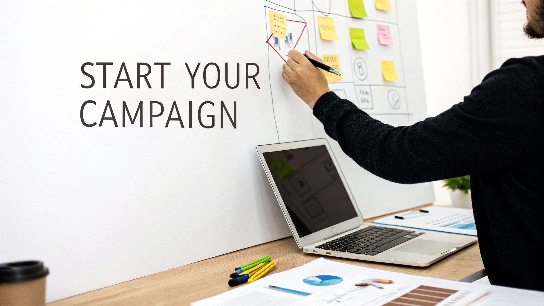 A person's hand writes on a whiteboard with "START YOUR CAMPAIGN" text, planning a marketing strategy.