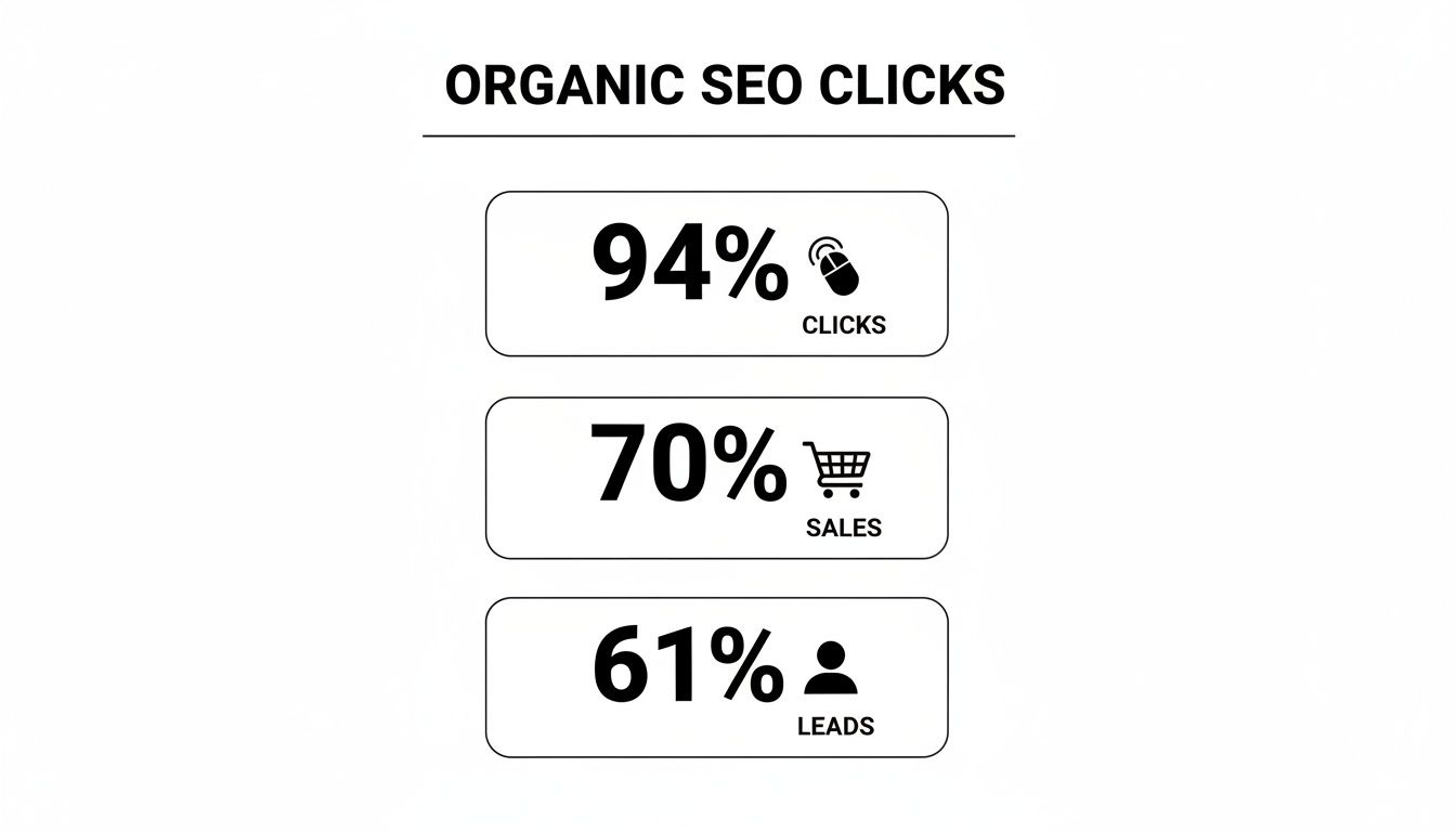Infographic showing organic SEO click benefits: 94% clicks, 70% sales, and 61% leads.