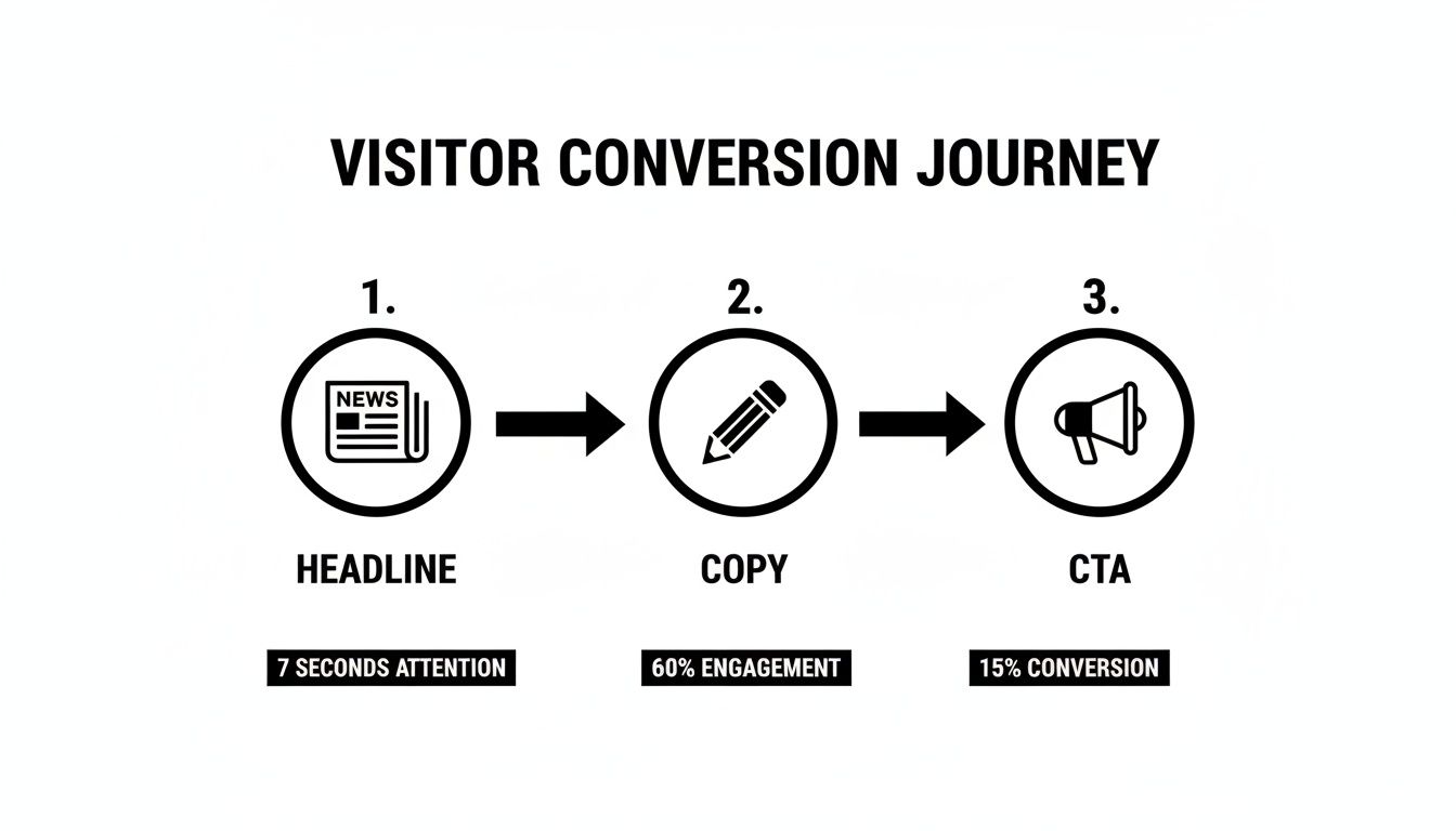 Diagram illustrating a visitor conversion journey, from headline attention and copy engagement to final CTA conversion.