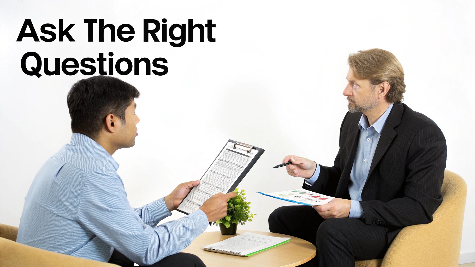 Two professional men in a discussion, one holding a clipboard, the other with a pen and papers.