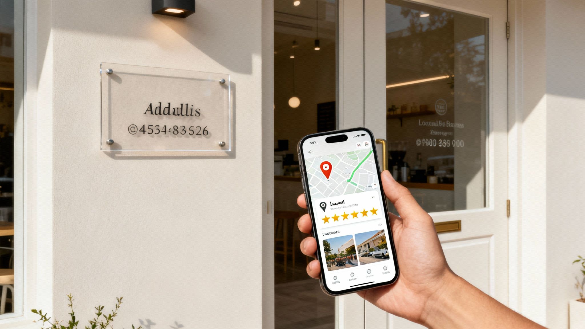A Guide On How To Improve Local Seo And Dominate Your Market 1 A hand holds a smartphone displaying a local business map, reviews, and photos, in front of a store.