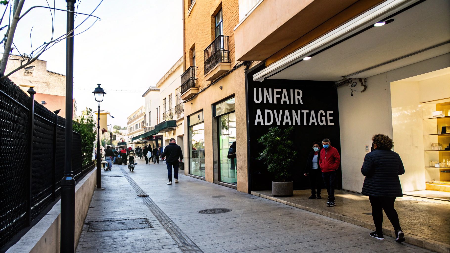 Pedestrians walk along a sunny urban street lined with shops and buildings, featuring a store with an 'UNFAIR ADVANTAGE' sign.