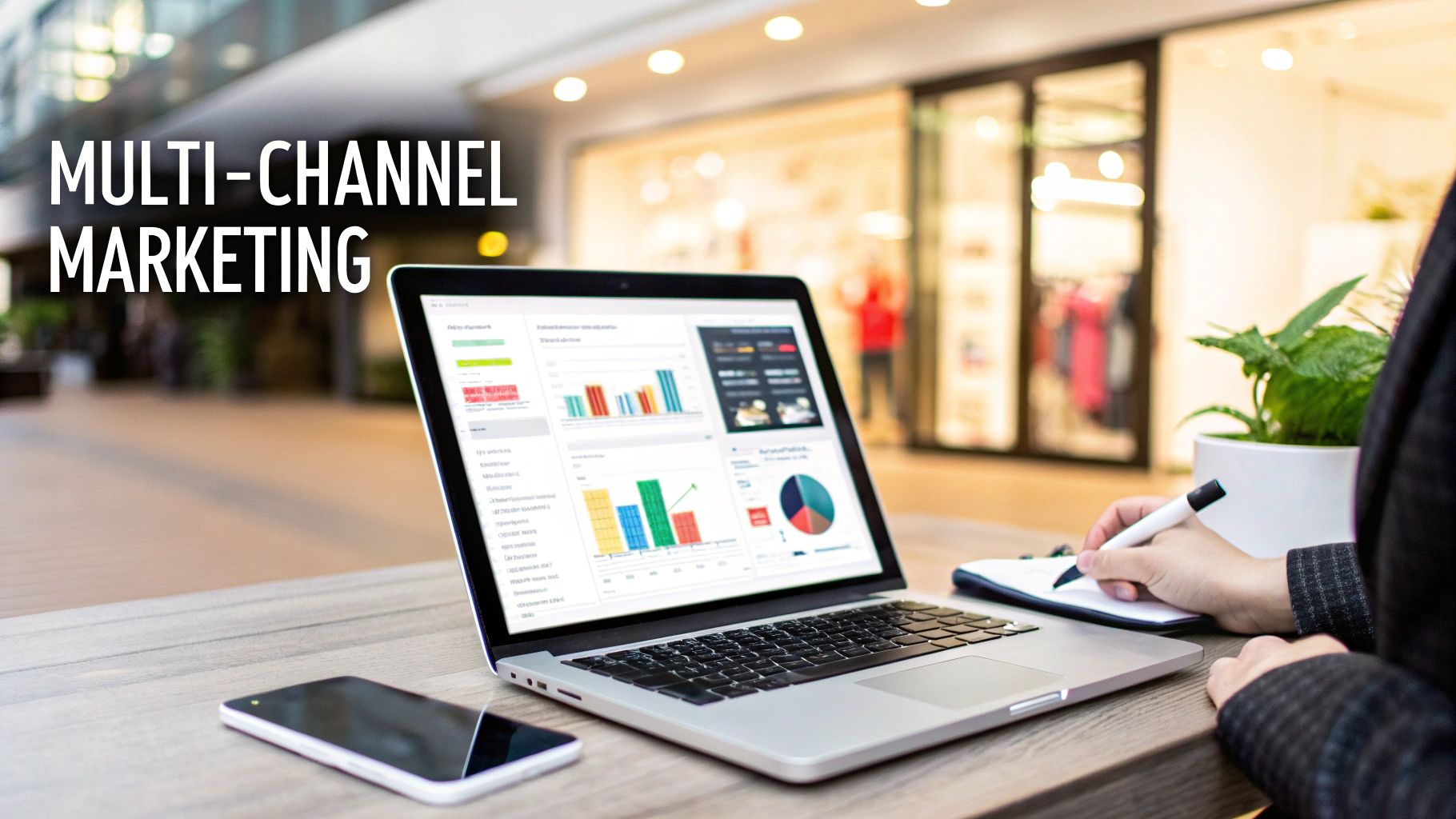 A person works on a laptop displaying multi-channel marketing analytics, with a phone and notepad.